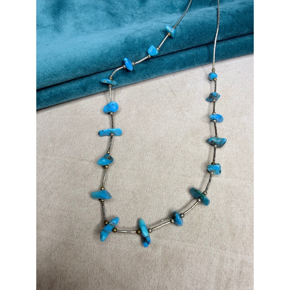 Vintage Liquid Silver Liquid Metal Turquoise Nugget Bead Necklace 12-13" - Picture 2 of 3